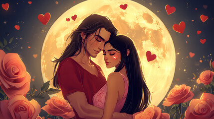 A couple standing in front of the moon, surrounded by roses and heart-shaped decorations. The man is wearing casual red with long hair and brown eyes, while his partner has a short, straight black hai