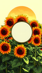 Blank circle frame surrounded by sunflowers at sunset.