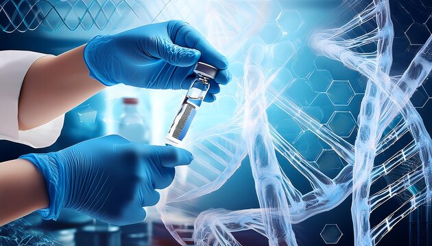 Gloved hands filling syringe from vial, overlaid with DNA and anatomical images, symbolize genetic medicine, gene therapy, and medical research. - Powered by Adobe