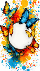 Colorful butterflies surrounding a blank circle on a vibrant watercolor background.