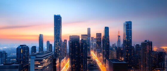 Futuristic cityscape at sunrise skyscrapers in urban landscape aerial view of architecture modern environment dawn concept