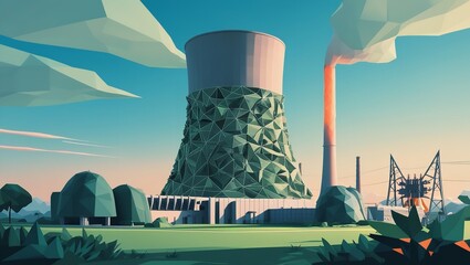  3D Nuclear Power Plant on Transparent Background.