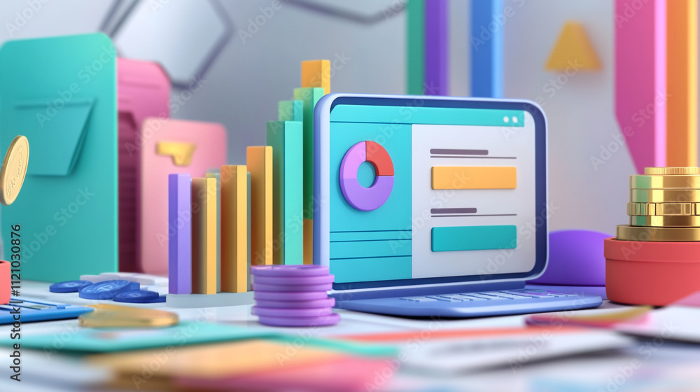 Poster illustration developing a web application, moving design elements in the screen background, enhance 