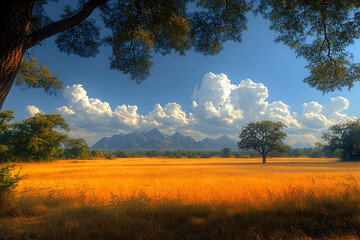 Obraz premium Golden savanna field under a vibrant sky, framed by trees, with mountains in the background.