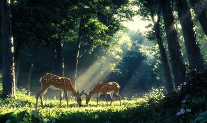 Two deer grazing in a sunlit forest surrounded by greenery.