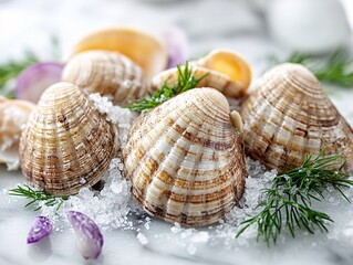 A collection of fresh clams arranged on a marble surface, garnished with herbs and surrounded by salt.