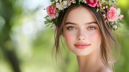 Naklejka premium Floral crown portrait of a young woman natural setting close-up photography outdoor scene serene beauty concept