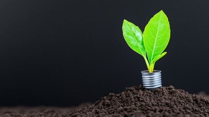 New beginnings:A bright green sprout emerges from soil within a lightbulb, set against a black backdrop. The image symbolizes fresh start and growth. 