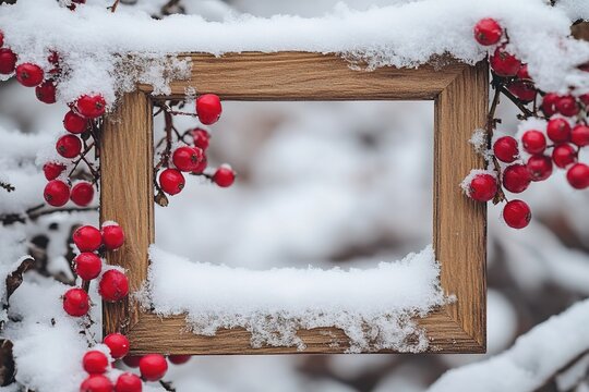 wooden_photo_frame_covered_in_snow_with_red flawer