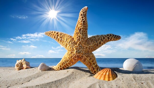 Large starfish stands upright on sandy beach with shells, under sunny blue sky. - Powered by Adobe