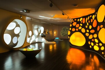 A modern art gallery with interactive exhibits and digital installations, Art scene, Interactive...