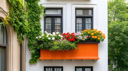 Vibrant flower display on classic new york brownstone balcony urban setting architectural photography daytime captivating design