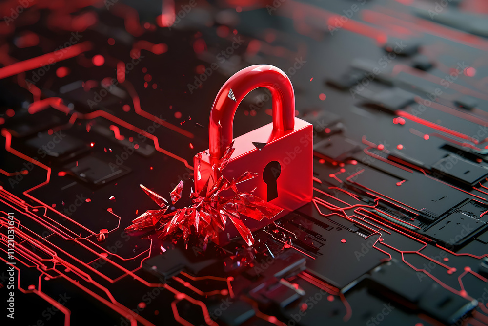 Wall mural a red padlock cracks and shatters, visually representing an ongoing cyber attack or data breach.