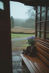 A minimalist entryway featuring a simple bench, a streamlined coat rack, a small plant, and a large mirror