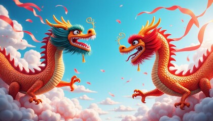 Fototapeta premium Majestic dragon dance backdrop featuring colorful dragon puppets and swirling ribbons against a bright blue sky