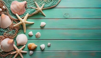 Seashells and starfish on teal wood planks, evoke a tranquil seaside summer vibe