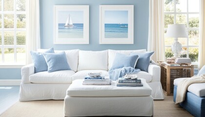 A cozy living room with light blue walls and white furniture.