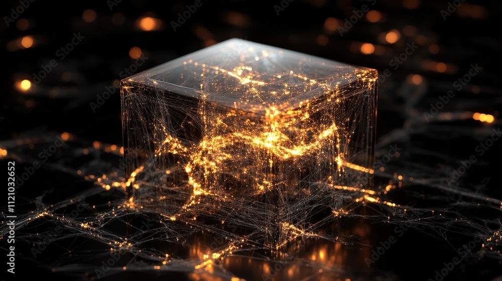 Aufkleber Captivating Abstract Cube Surrounded by Dynamic Light Connections, Representing Data Networks, Technology, and Innovation in a Digital Universe