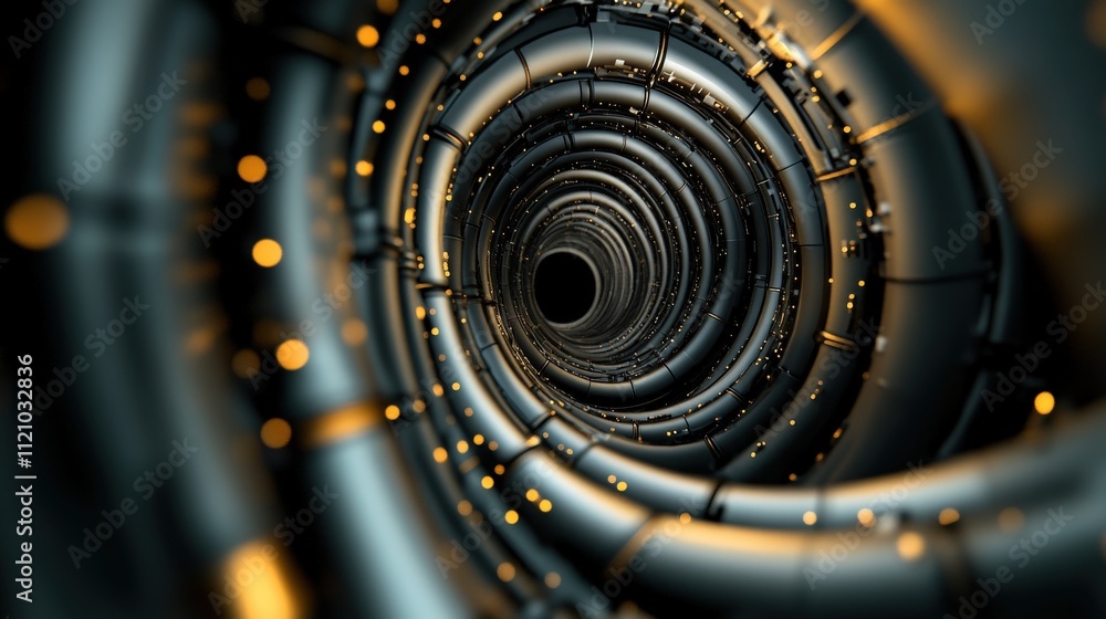 Poster Abstract tunnel of metallic pipes with glowing lights creating a mesmerizing visual effect, conveying depth, perspective, and futuristic technology elements.