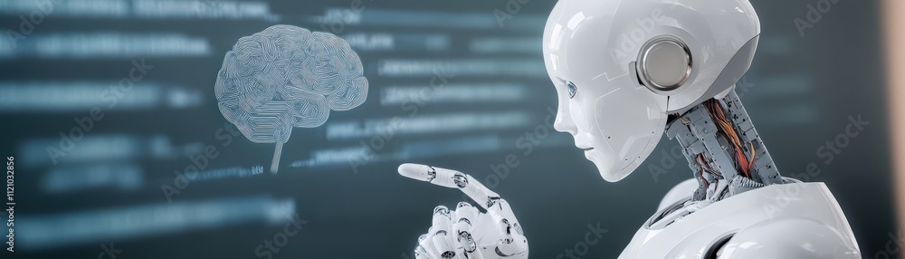 Fototapete Futuristic robot interacting with digital brain interface, showcasing advanced technology and artificial intelligence in a modern workspace setting.