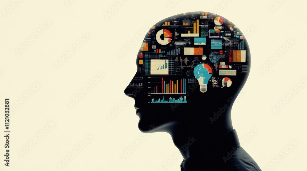 Poster creative concept of business intelligence and data analysis represented by human head silhouette fil