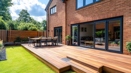 Modern wooden deck extends from a brick house, featuring patio furniture and bi-fold doors. Perfect for showcasing home design, architecture, or outdoor living concepts.