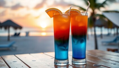Two layered cocktails at sunset beachside