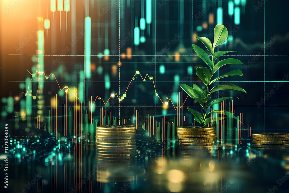 Wall mural graphical display of investment strategies with digital coins and growth charts emphasizing fundrais