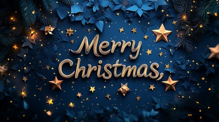 Kirigami paper craft of "Merry Christmas," each letter filled with tiny star-shaped cut-outs, set against a layered deep blue night sky with glowing paper stars, illuminated by a soft celestial light,