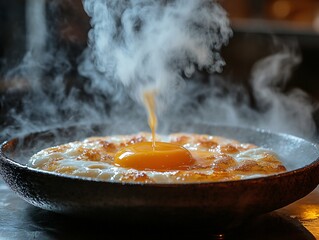 A steaming plate with a perfectly cooked egg yolk in the center, surrounded by bubbling edges, creating an inviting and delicious appearance.