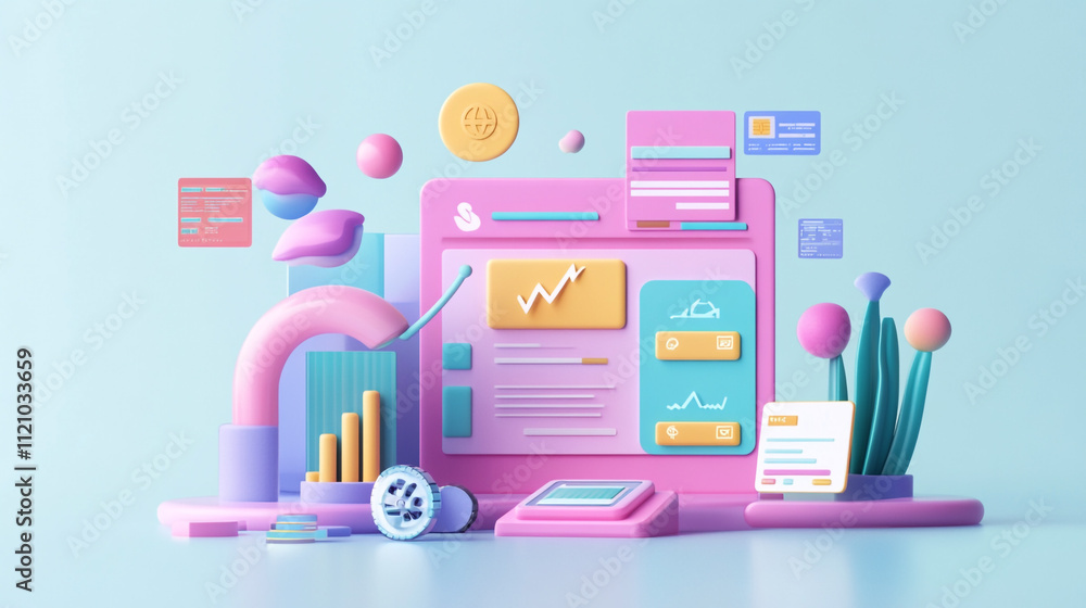 Poster illustration developing a web application, moving design elements in the screen background, enhance 