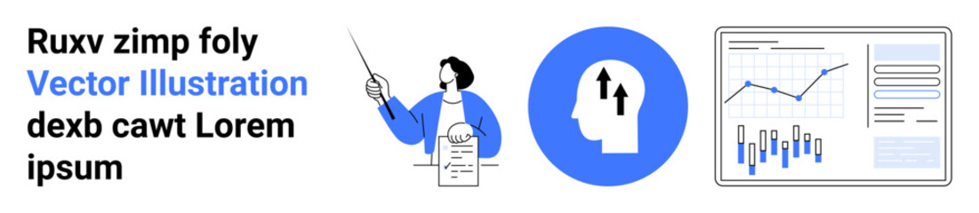 Obraz premium Instructor pointing to a chart, head silhouette with arrows, and bar graph with line chart. Ideal for business, education, training, growth mindset, strategy development, data analysis