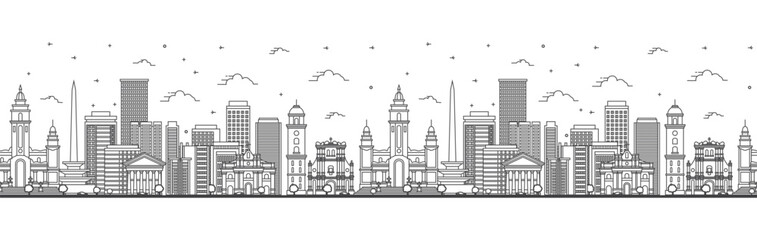 Naklejka premium Seamless pattern with Outline Caracas Venezuela City Skyline with Modern and Historic Buildings Isolated on White. Caracas Cityscape with Landmarks.