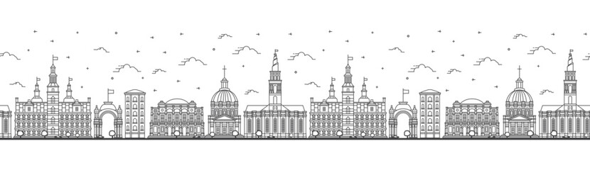 Seamless pattern with Outline Copenhagen Denmark City Skyline with Historic Buildings Isolated on White. Copenhagen Cityscape with Landmarks.