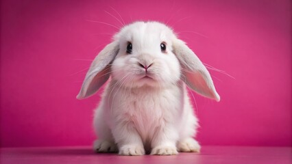 Cute Holland Lop Baby Rabbit, Pink Background, Front View