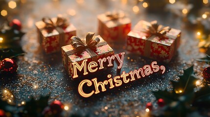 Kirigami paper craft of "Merry Christmas," with letters styled as small, beautifully wrapped gift boxes tied with ornate paper ribbons,