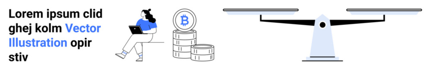 Woman working with laptop, cryptocurrency coins, and balance scale. Ideal for finance, technology, cryptocurrency, investment, decision-making, online work, and digital economy themes. Landing page