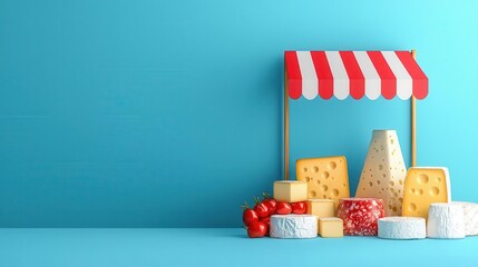 Fresh market with local cheese and dairy products, flat design illustration