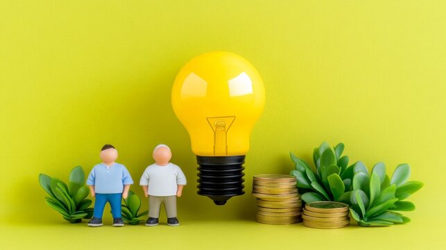 Bright Ideas & Financial Growth: Two miniature figures stand before a large yellow lightbulb symbolizing innovation and financial success.