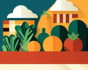 Naklejka premium Fresh market scene, local vendors selling fruits and vegetables, flat design illustration
