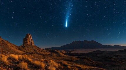 Obraz premium bright comet streaking across the night sky above dark mountain peaks, casting a soft glow over the rugged landscape beneath the starry sky