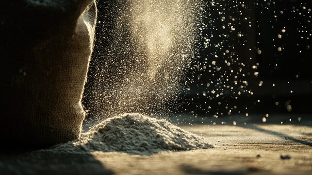 Fine Flour Dust Around Open Sack on Rustic Wooden Surface