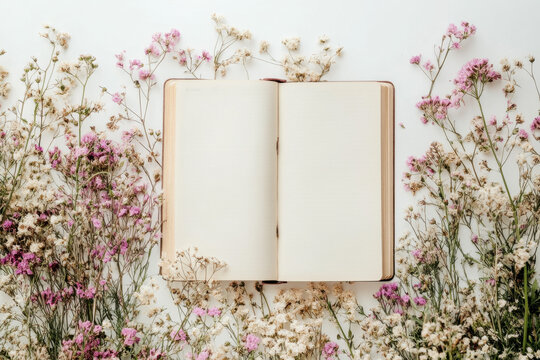 Open blank notebook surrounded by delicate pink and white flowers, creating a serene and inspiring atmosphere for creativity and writing.