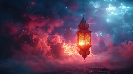 Obraz premium Ramadan Nightscape Illuminated Lantern, Celestial Clouds, Moonlit Sky
