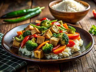 Vibrant Stir-fried Vegetables & Tofu with Rice - Healthy Meal AI Photo