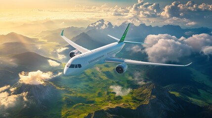 An airplane with innovative clean energy technology flying over a vibrant green landscape, symbolizing sustainable global travel
