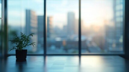 Fototapeta premium Softly Blurred Background of a Modern Office Interior, With Panoramic Windows and the Glow of Sunset Light