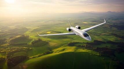 An airplane with innovative clean energy technology flying over a vibrant green landscape, symbolizing sustainable global travel