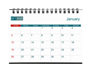 January 2025 calendar. Page of the annual business desk month calendar isolated on white.
