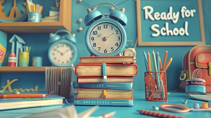 Ready for school background with an alarm clock, books, and stationery in 3D.
